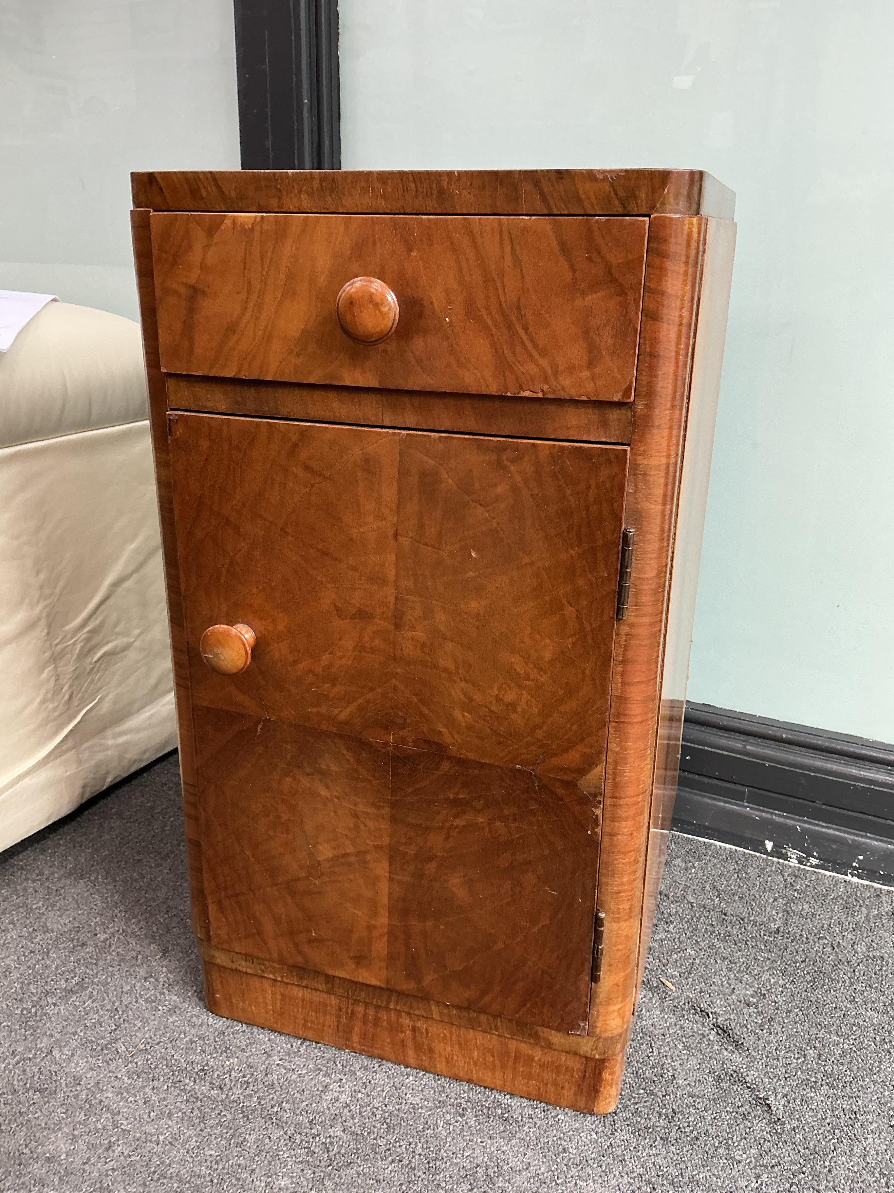 A pair of Art Deco walnut bedside cabinets width 33cm, depth 33cm, height 60cm